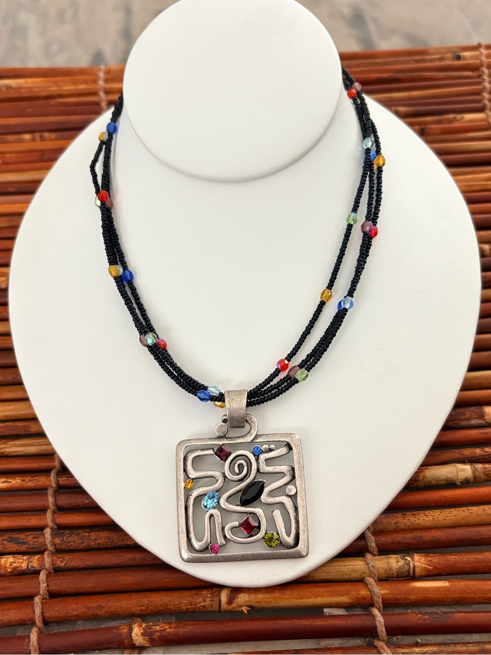 Chico's Black Beaded Necklace Multicolor Accents Silver Square Pendant 16”-19”
